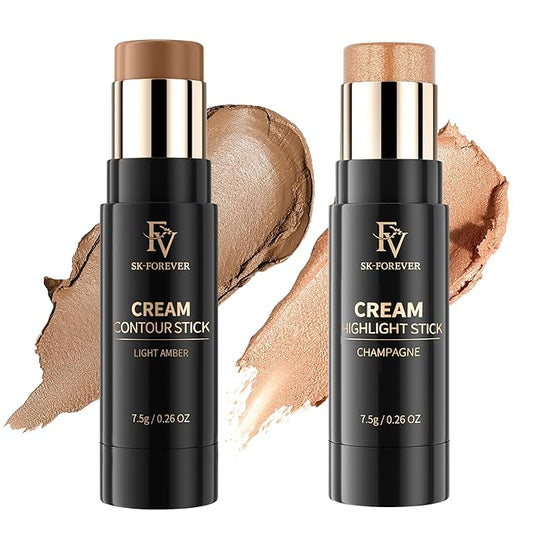 FV Cream Contour and Highlighter Stick - Highly Pigmented & Blendable for a Sculpted, Natural Glow | Waterproof & Long-Lasting Finish | Perfect for On-The-Go Makeup, 04 Light Amber & 03 Champagne