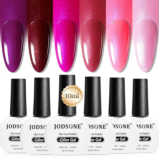 JODSONE 10ml Gel Nail Polish Set Red Glitter 6Colors Glitter Rose Red Gel Polish Lacquer Glossy Art for Nail and Salon Need U V Lamp
