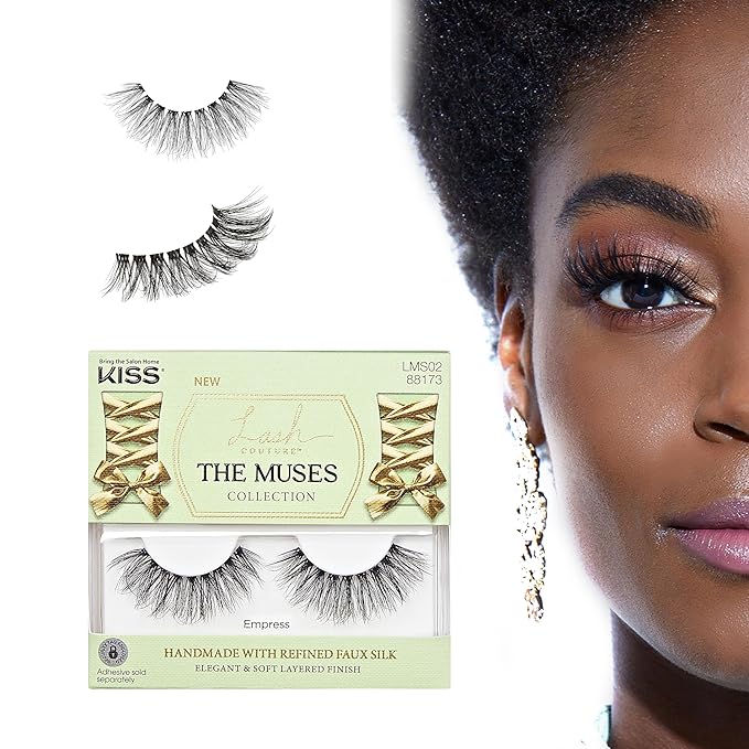 KISS Lash Couture The Muses Collection False Eyelashes - Empress, Black, Rounded, Doe-Eyed, Refined Faux Silk, Contact Lens Friendly, Pliable Band, Comfortable, Reusable, Cruelty Free, Vegan | 1 Pair