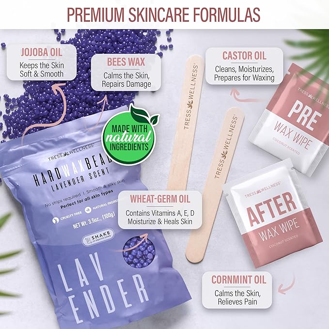 Tress Wellness Waxing Kit for Sensitive Skin – Safe for Face & Skin, Prep & Aftercare Spray, Easy to Use – At-Home Kit for Face, Bikini, Brazilian & Full Body - Pink, No Display