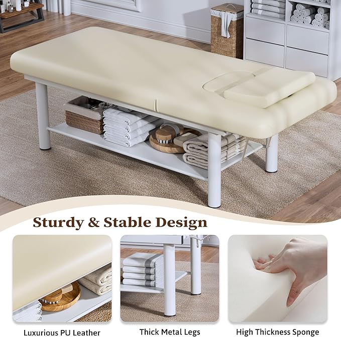 Olela Heavy Duty Stationary Massage Table with Adjustable Backrest, 31.5" Wide Professional Spa Facial & Therapy Bed, Metal Frame PU Leather Treatment Table for Salon & Clinic
