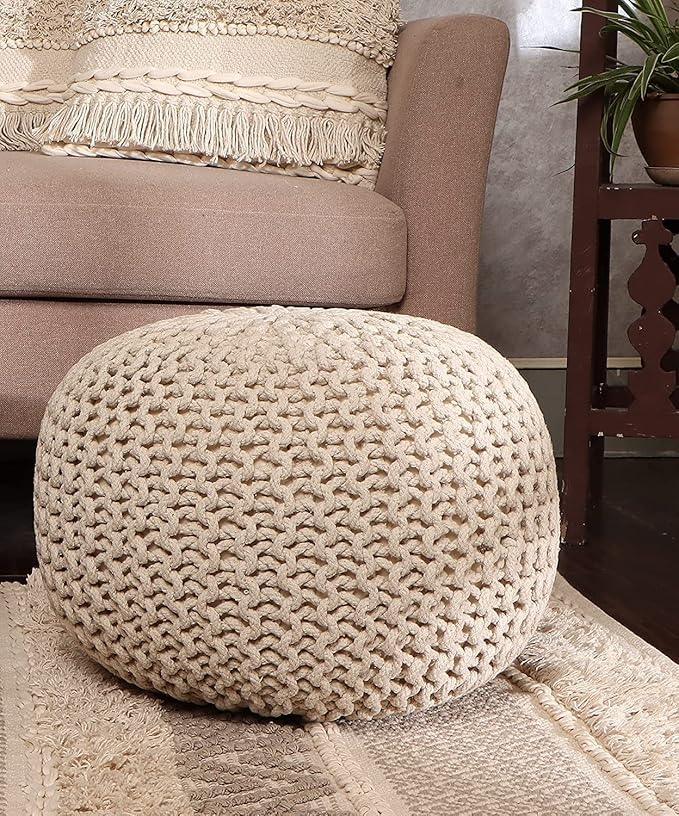 REDEARTH Round Pouf Ottoman - Cable Knitted Boho Poof - Home Décor Cord Pouffe Handmade Circular Footrest for Living Room - Bedroom - Kids Bedroom - 100% Cotton Pouf (19.5"x19.5"x14") - Ivory