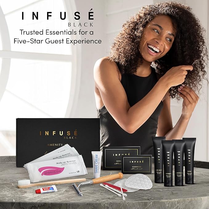 Infuse Black Amenity & Accessory Kit | 1 oz Travel Size Shampoo, Conditioner, Lotion, Body Wash, Body Bar, 2 Cleansing Bar, Shave & Dental Sets, Make-Up Remover Wipes, & Vanity Kit | 60 sets per case