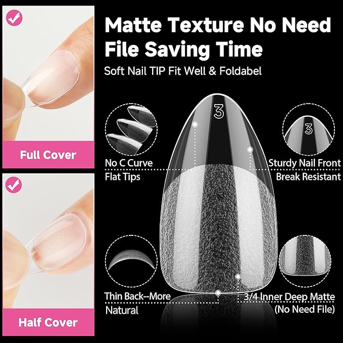 UNA GELLA Short Almond Nail Tips, 312pcs Short Almond Gel Nail Tips Shape Pre Etched Press On Nails Clear Acrylic Fake Nails No C Curve for Full Cover Nails Extension Home Art DIY Salon 12 Sizes