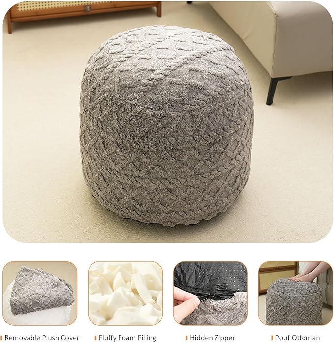 Round Stuffed Pouf Ottoman for Foot Rest, Faux Fur Poufs with Foam Chunk Filling, Storage Ottoman Pouf Foot Stool Cushion, 20 X 15 InchFloor Poufs Foot Rest for Living Room Bedroom Home Decor (Grey)