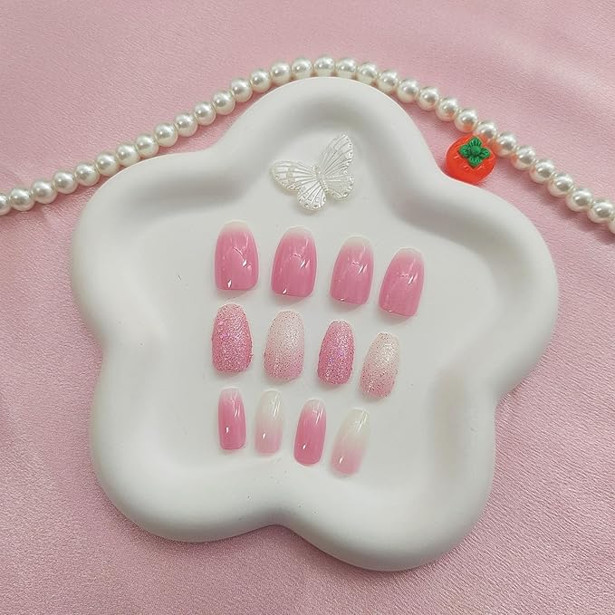 Spring Press on Nails Short Coffin Fake Nails with Glitter Designs White Pink Ombre Nails Press ons Glossy Glue on Nails Cute Acrylic Nails Artificial False Nails Stick on Nails for Women 24Pcs
