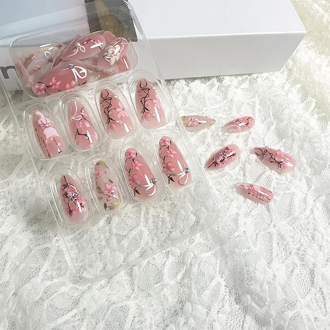 30pcs Pink Flower Cute Cat Almond Acrylic Press-On False Nails Kit with Rhinestone Pearl Designs, Bow, Summer Floral Nail Decoration