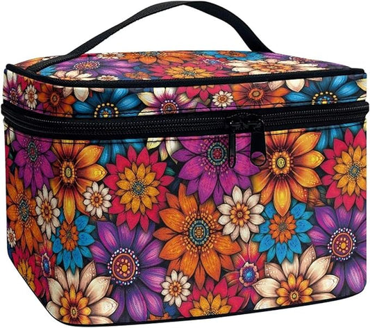 Vibrant Hippie Flower Pattern Travel Makeup Bags for Women Portable Tote Cosmetic Case with Carry Handle Toiletry Accessories Storage Organizer Bags