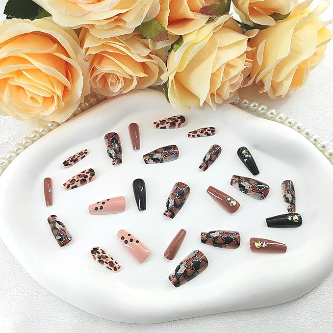 Coffin Press on Nails Medium Fake Nails Brwon Black Full Cover Coffin Nails Press ons with Dot Leopard Design Patterns Glue on Nails Glosy False Nails Cute Artificial Stick on Nails for Women 24Pcs