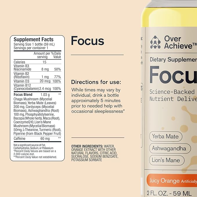 Focus Drink for Concertation - Contains Yerba Mate, Ashwagandha and Lions Mane Mushroom with Advanced Nanoscience Technology - 12 Pack Brain Focus Drink, Orange Flavor, 2oz