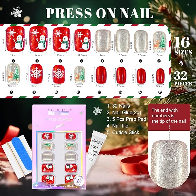 Christmas Press on Nails Short, Jofay Fashion Red Press on Nails, Fake Nails with Snowman, Xmas Tree and Elk Designs, Reusable Acrylic Cat Eye False Nails Glue on Nails Kit 32 Pcs