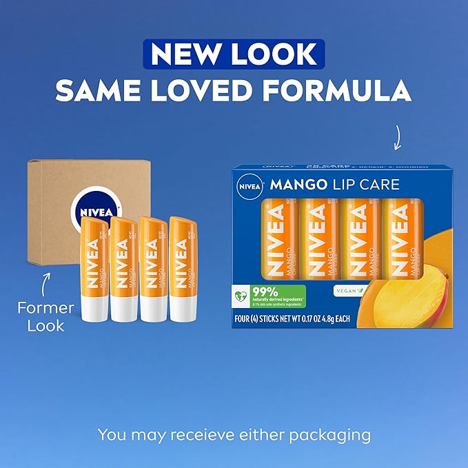 NIVEA Mango Lip Care, Vegan Lip Balm Pack with Shea Butter, Nourishing Oils and Vitamin C & E, 3-in-1 Moisturize, Repair and Protect, 0.17 Oz Stick, Pack of 4
