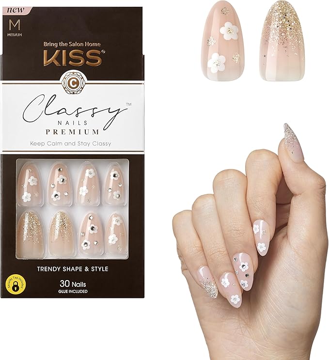 KISS Classy Nails Premium, Press-On Nails, Nail glue included, 'Gleamin', White, Medium Size, Almond Shape, Includes 30 Nails, 2G Glue, 1 Manicure Stick, 1 Mini File
