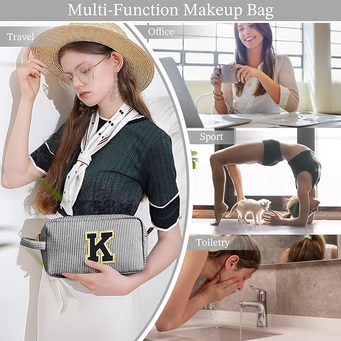 YOOLIFE Travel Makeup Cosmetic Bag - Personalized Monogram Cute Initial Makeup Bags Cosmetic Toiletry Bag Pouch Make Up Case for Women Her Mom Best Friend Sister Teacher, Birthday Gifts for Women V