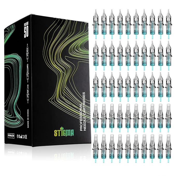 STIGMA Aquamarine Knight Bugpin Tattoo Cartridges Assorted 50pcs (1003RL 1005RL 1007RL OF1007RM OF1009RM) Tattoo Cartridge Needles Round Liner/Round Magnum 0.3mm RL+RM EN02B-50KIT-Z