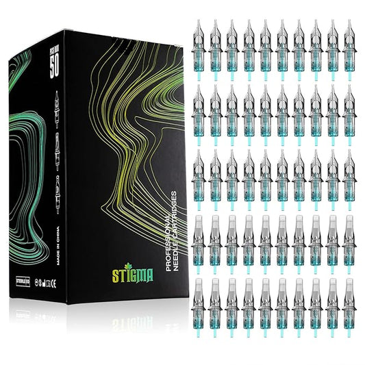 STIGMA Aquamarine Knight Bugpin Tattoo Cartridges Assorted 50pcs (1003RL 1005RL 1007RL OF1007RM OF1009RM) Tattoo Cartridge Needles Round Liner/Round Magnum 0.3mm RL+RM EN02B-50KIT-Z