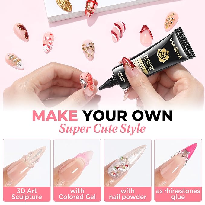 UNA GELLA 3D Gel Nail Art, 3D Nail Gel Sculpting G el Glue 15g 4 in 1 No Wipe Clear Nail Polish for Nails Tips, Chrome Powder, Nail Charms Gems, Drawing and DIY Christmas Nail Art Lamp Curing Needed