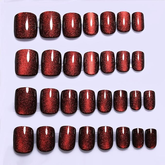 Wine Red Press On Nails Short – Square Cat Eye Fake Nails with Color-Shifting Glow, Reusable Stick On Nails, 15 Sizes, 30 Nail Kit with Glue, Thick Glue On Nails for Women, M5-Crimson Spell