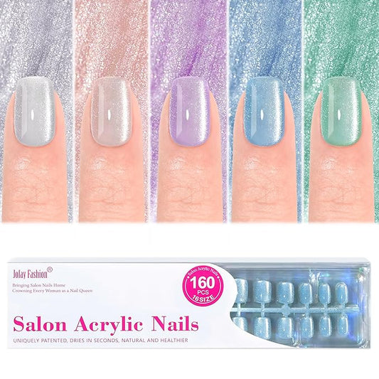 Press on Nails Short 5 Styles, Jofay Fashion 160Pcs Summer Cat Eye Press on Nails for Women, Reusable Opaque Gel Fake Nails, Square Glue On Nails in 16 Sizes, Island