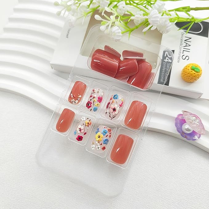 Medium Press on Nails Square Fake Nails with Colorful Floral Designs Orange Nails Press ons Glossy Glue on Nails Spring Acrylic Nails Full Cover Flase Nails Summer Stick on Nails for Women 24Pcs