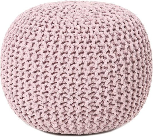 REDEARTH Round Pouf Ottoman - Hand Knitted Boho Poof Home Décor Pouffe Circular Footrest for Living Room - Bedroom - Lounge - 100% Cotton (19.5"x19.5"x14") - Pale Pink