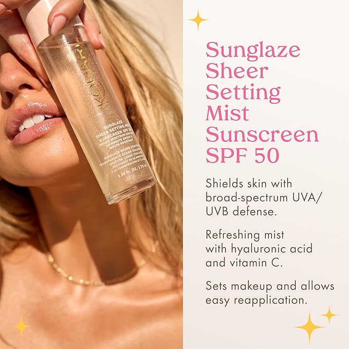Kopari Sunglaze Sheer Setting Mist Sunscreen SPF 50, Weightless, Fast Drying, Ultra-Fine Setting Spray, Made With Hyaluronic Acid, Sets Makeup For A Hydrated, Dewy Finish, 2.53 fl oz
