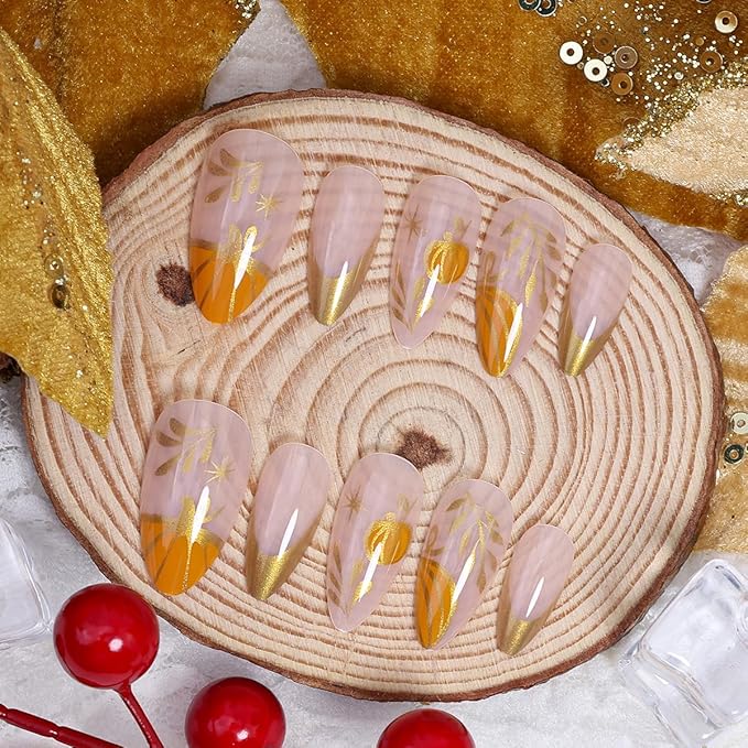 24Pcs Gold French Tip Fake Nails Fall Press on Nails Medium Almond False Nail Gold Star Pumpkin Acrylic Nail Artificial Autumn Maple Leaf Stick on Nail Thanksgiving Glue on Nails for Women