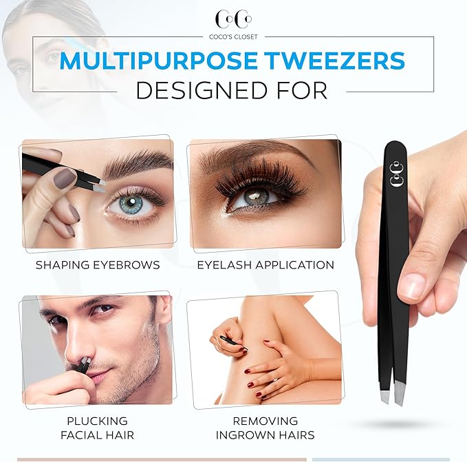 Tweezers for Facial Hair Women, Professional Precision Eyebrow Tweezers for Women and Men, Sharp Stainless Steel Slanted Tip for Hair Removal, Eyebrows and Ingrown Hair