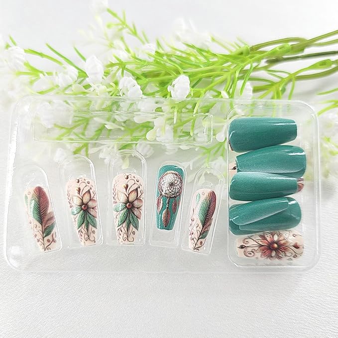 24Pcs Press on Nails Coffin Medium Fake Nails Fall Flower Designs Glossy Green Brown Nail Press ons Artificial Glue on Nails Feathered Stick on Nails Butterfly Pattern Art for Women Winter Manicure
