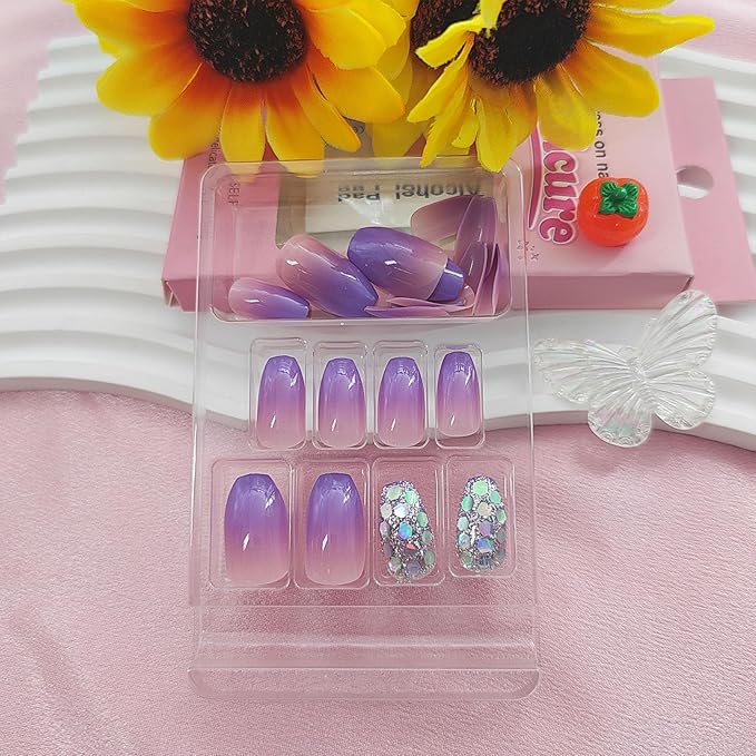 Short Coffin Press-On Nails, 24pcs Plastic Sliver Glitter Sequins Designs, Purple Gradient, Glossy, Full Cover, Quick On, 24 Fl Oz (Pack of 1)