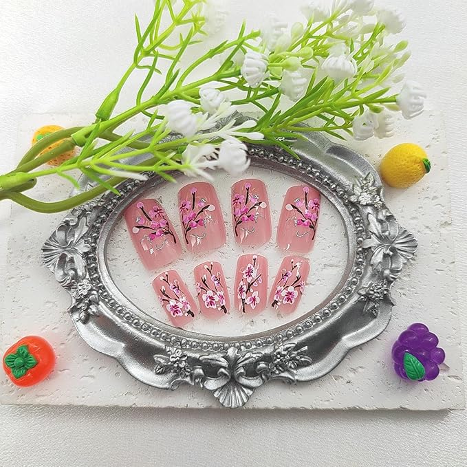 Square Press on Nails Medium Fake Nails with Flower Branches Designs Nude Nails Press ons Glossy Glue on Nails Spring Acrylic Nails Summer False Nails Artificial Stick on Nails for Women 24Pcs