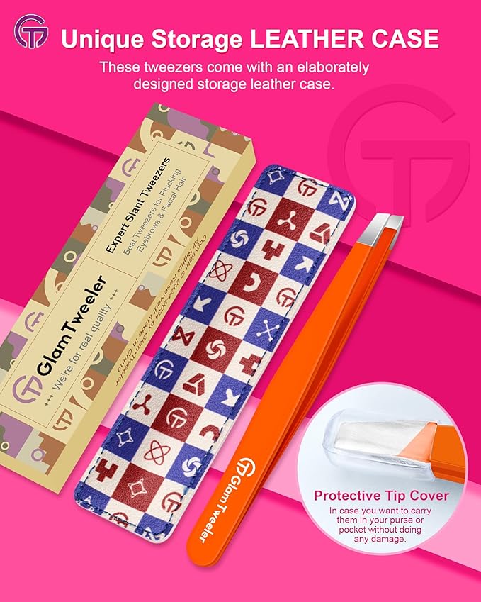 Expert Eyebrow Hair Removal Tweezer with Leather Case, GlamTweeler High Precision Slant Tip Stainless Steel Tweezers for Men and Women (Orange)