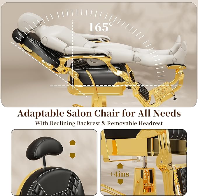 Baasha Black & Gold Heavy-Duty Barber Chair, Luxury Reclining Salon Chair with Adjustable Headrest & Comfort Seating, 550 lbs Capacity