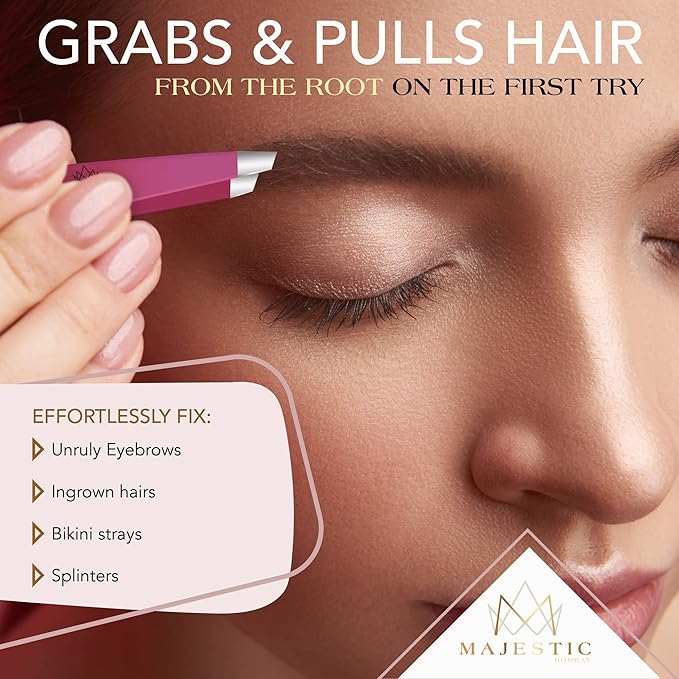 Majestic Bombay Fine Point + Slant Tweezers for Women and Men – Splinter Ticks, Facial, Brow and Ingrown Hair Removal–Sharp, Needle Nose, Surgical Tweezers Precision best tweezers for chin hair