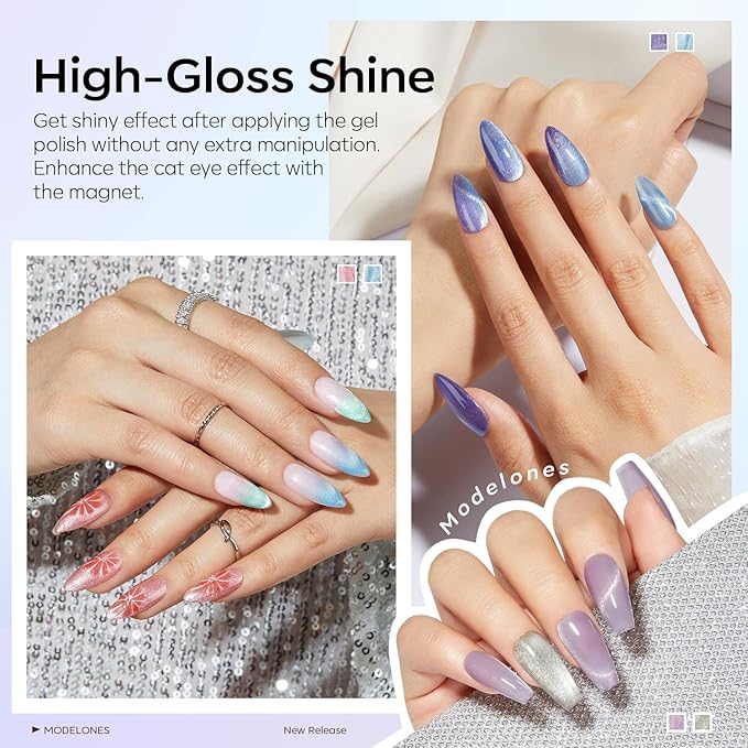 modelones Cat Eye Gel Nail Polish 6 Colors Red Green Silver Purple Blue Glitter Cat Eye Gel Polish Holographic 9D Semi-transparent With Magnet Soak Off Led Nail Art DIY Salon Gifts For Women Girl