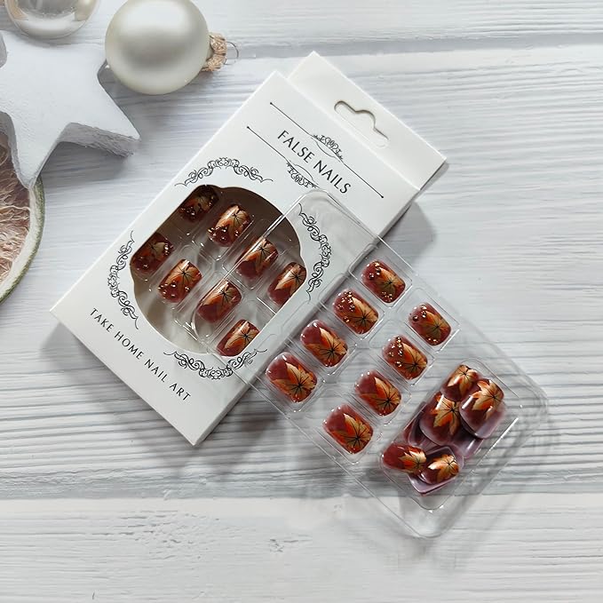 Maple Leaf Press on Nails 24Pcs Fall Leaves Stick on Fingernails Thanksgiving Short Square False Nails Glossy Gold Maples Acrylic Fake Nail Autumn Rhinestones Gel Glue on Nail for Coquette Women