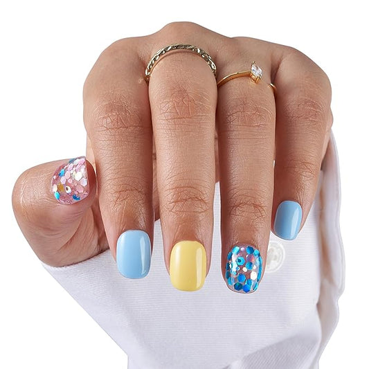 Large-Sunshine Confetti Fake Nails Press-On Manicure Kit for Women | French Tip 10 Nails | Nail Glue, Dual Nail File, Cuticle Stick, Buffer Block | Measure Before Ordering