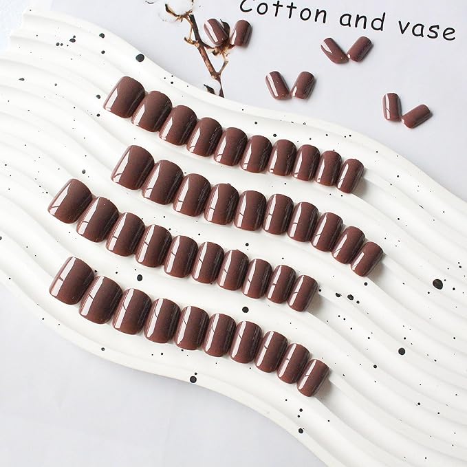 48Pcs Brown Press on Nails Short Square Fake Nails Glue on Gel Press ons Acrylic Nails Stick on False Nail for Women, Natural Handmade Thick Extra Short Nail Small Petite