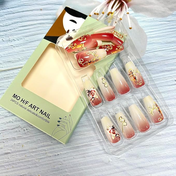 24Pcs Rose Flower Press on Nails Medium Ballet Shaped Gold Lines Design Gradient Acrylic Fake Nail Full Cover Glossy Blossom Stick on Nail Floral Artificial Fingernails DIY Glue on Nails for Women
