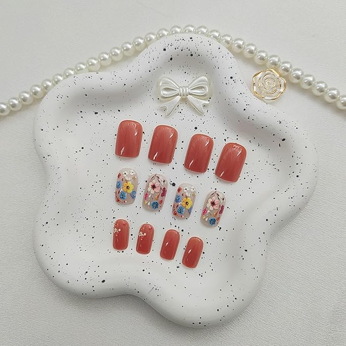 Medium Press on Nails Square Fake Nails with Colorful Floral Designs Orange Nails Press ons Glossy Glue on Nails Spring Acrylic Nails Full Cover Flase Nails Summer Stick on Nails for Women 24Pcs