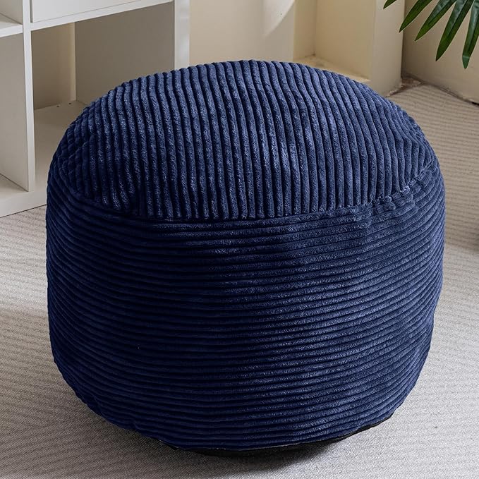 HIGOGOGO Round Stuffed Pouf Ottoman, Corduroy Poufs with Foam Chunk Filling, Furry and Fluffy Pouf Foot Stool Storage Ottoman, 26 X 18 Floor Poufs Foot Rest for Living Room, Navy