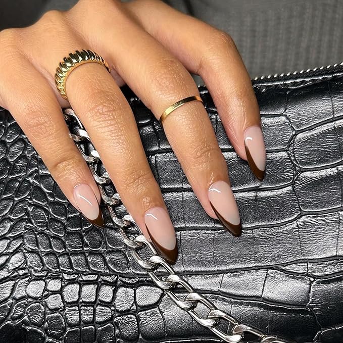 30Pcs Brown French Tip Press on Nails Short Almond Nails Press ons, Short Fake Nails Almond Shaped Acrylic French Glue on Nails False Nail for Women, Natural Stiletto Nail 15 Sizes