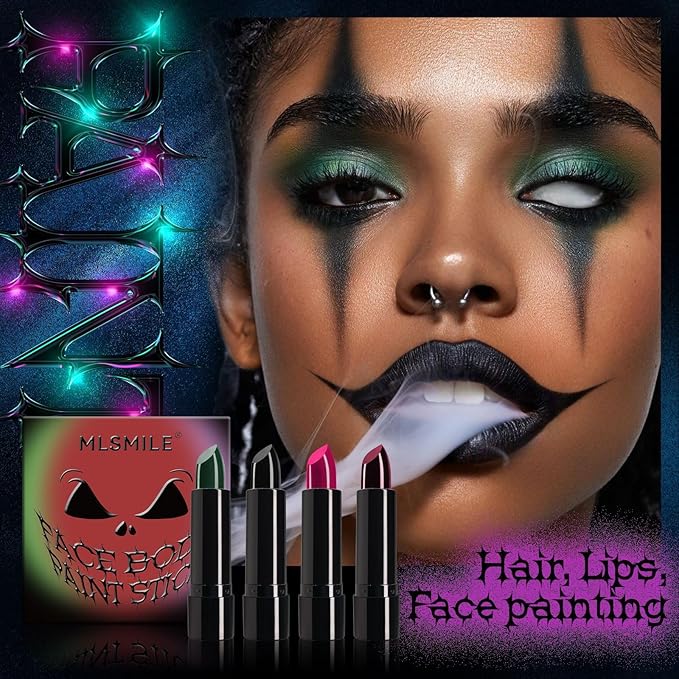 4 Colors Halloween Face Body Paint Lipstick, Cream Eye Black Stick for Baseball, High Pigmented Clown SFX Foundation Cream Makeup for for Sports Festival Halloween Cosplay Goth Costume Makeup (B#)