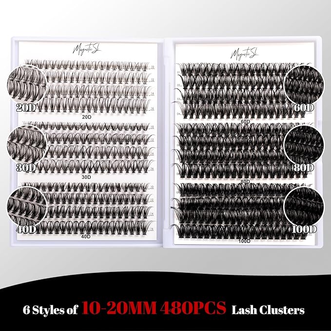 Lash Clusters 480 Clusters D Curl 10-20mm False Eyelash 60D 80D 100D Thick Eyelash Extension 20D 30D 40D Individual Eyelashes Multi-Style DIY Lash Extensions for Beginners(20D-100D-D, 10-20MIX)