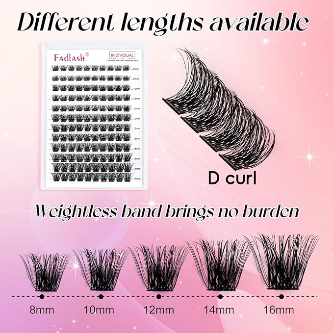 Lash Clusters DIY Eyelash Extensions 144 Clusters Lashes D Curl 0.07 Natural Individual Lash Extensions Mixed Tray False Eyelashes Soft & Strong Thin Band DIY at Home (F32-0.07D, 8-16mm)