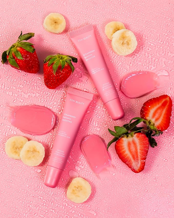 ESW Beauty Strawberry Banana Smoothie Lip Treatment - Soft Pink Nude Tint with Shea Butter, Hyaluronic Acid, Strawberry & Banana for Intense Hydration & Dryness Prevention