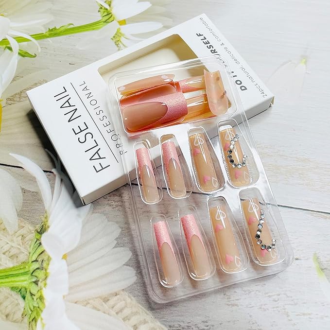 Glitter French Tips Press on Nails Long Square Fake Nails Pink Full Cover Acrylic False Nails with Rhinestone Heart Design Coffin Glue on Nails Artificial Nails for Women Girls Nail Decorations 24Pcs