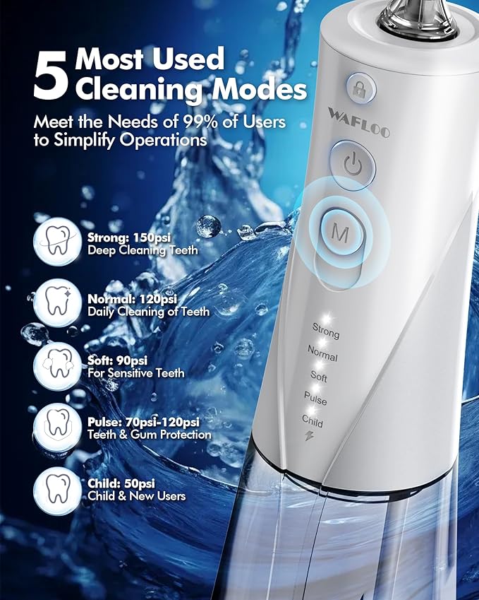 Water Flossers for Teeth - 5 Modes, 6 Flossing Tips, Rechargeable Cordless Portable 300ML Larger Tank Electric Waterflosser Cleaner IPX7 Waterproof Floss Cleaning Teeth Pick for Home Travel