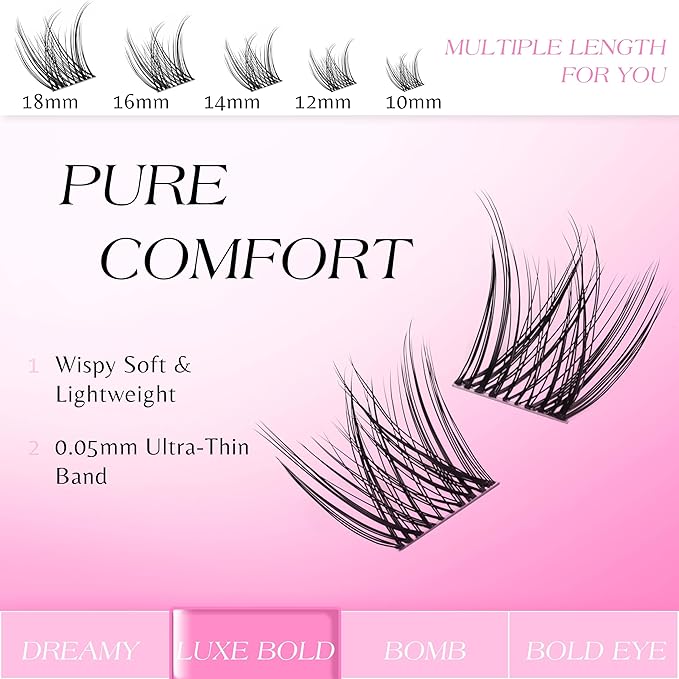 VEYESBEAUTY Lash Clusters Individual Eyelash Extensions Thin & Invisible Band DIY False Eyelashes for Self-application Newbie's Five-Second Series Wispy Lash Tray, LuxeBold 12mm Single Length