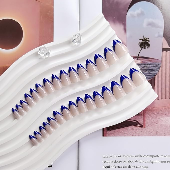 30 Pcs Royal Blue French Tip Press on Nails Short Almond, Acrylic Fake Nails with Glue Medium Stiletto Shape, Acrylic Natural Navy Blue Glue on Nails for Women, 15 Sizes
